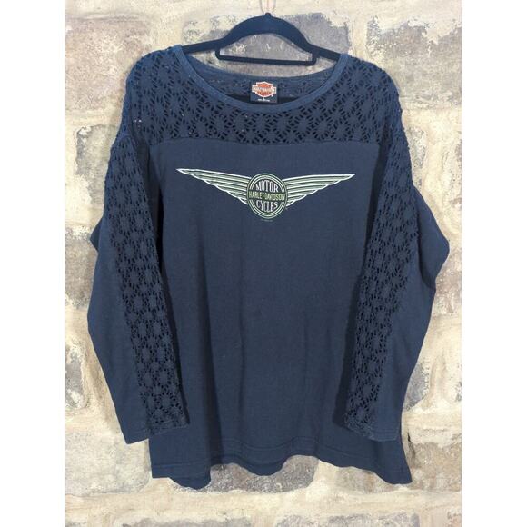 Harley-Davidson Tops - Vintage Harley Davidson Top Woman's Large Black Lace Sleeves Crocheted Biker